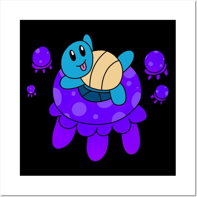 Cute Turtle Rides Jellyfish Wall Art by pako-valor